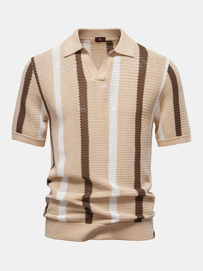 Striped V-Neck Knit Polo Shirt