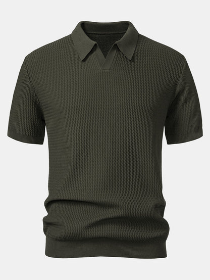 V-Neck Polo Shirt with Wave Jacquard Knit