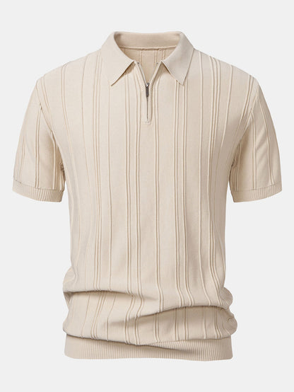 Striped Jacquard Knit Polo Shirt with Zipper