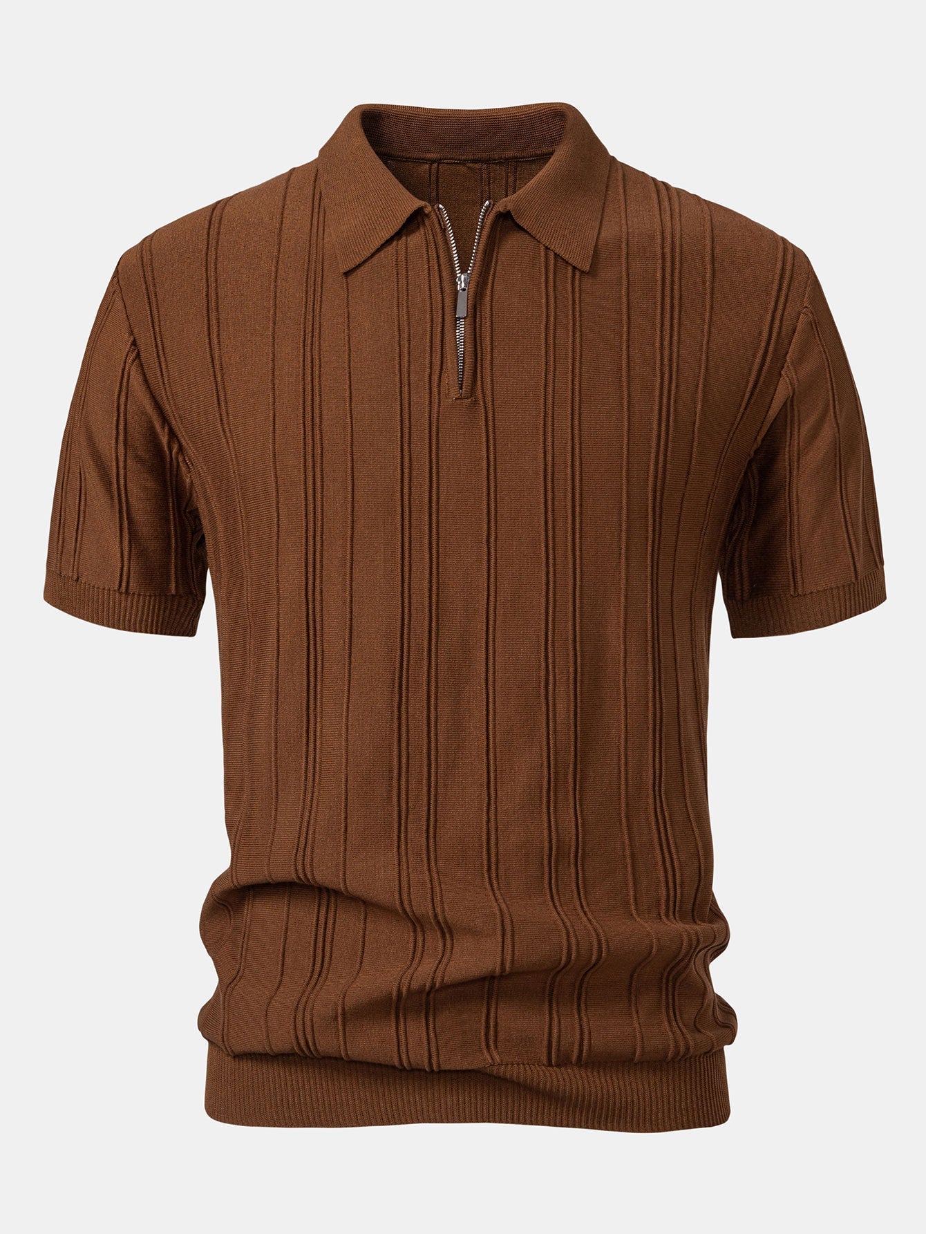 Striped Jacquard Knit Polo Shirt with Zipper